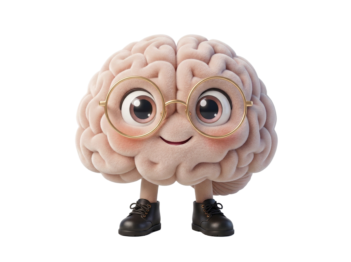 Buddy, a friendly 3D cartoon brain character with gold glasses